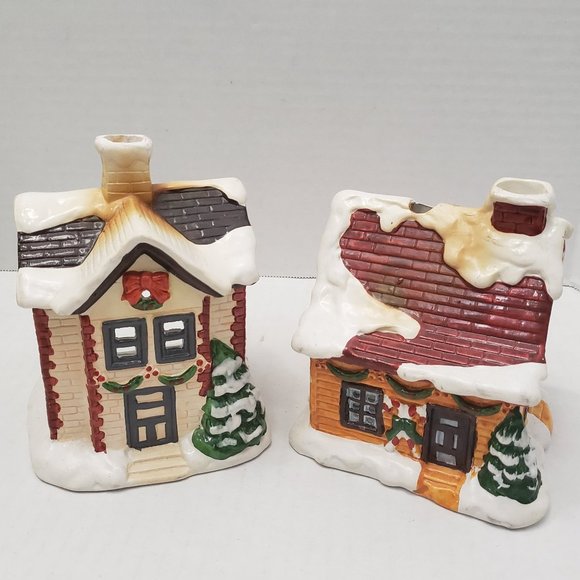 2 Vintage YULETIDE 1986 Village Ceramic House Cottage Light Christmas Snow Tree - Picture 1 of 13